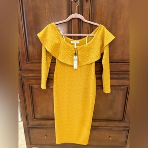 BCBG off-the-shoulder dress, oversize ruffle, long sleeves allover jacquard knit